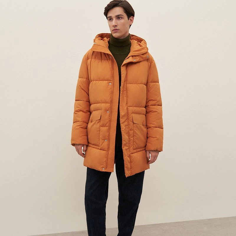 OEM Modern Winter Apparel Men Contrast Shine Oversize Down Puffer Jacket with Detachable Hood in Orange-Black for Outdoor