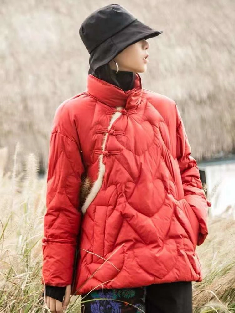 Quality Guaranteed Winter Vintage Patchwork Mink Button Stand Collar Down Jacket Woman Down Jacket