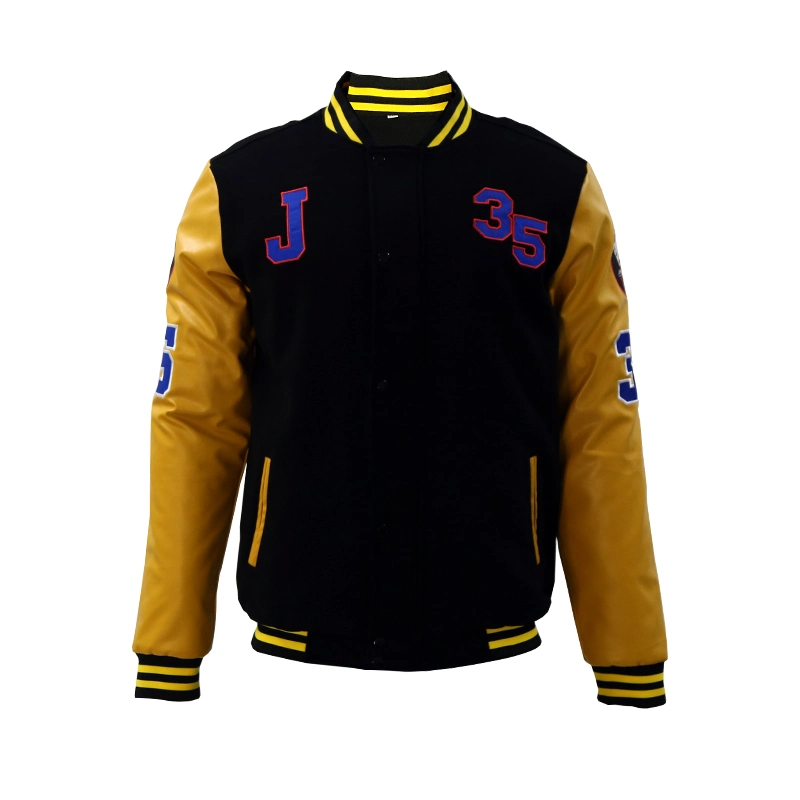 Quality Ginger Leather Sleeves Baseball Jacket Full Buttons Sport Jacket Custom Coat