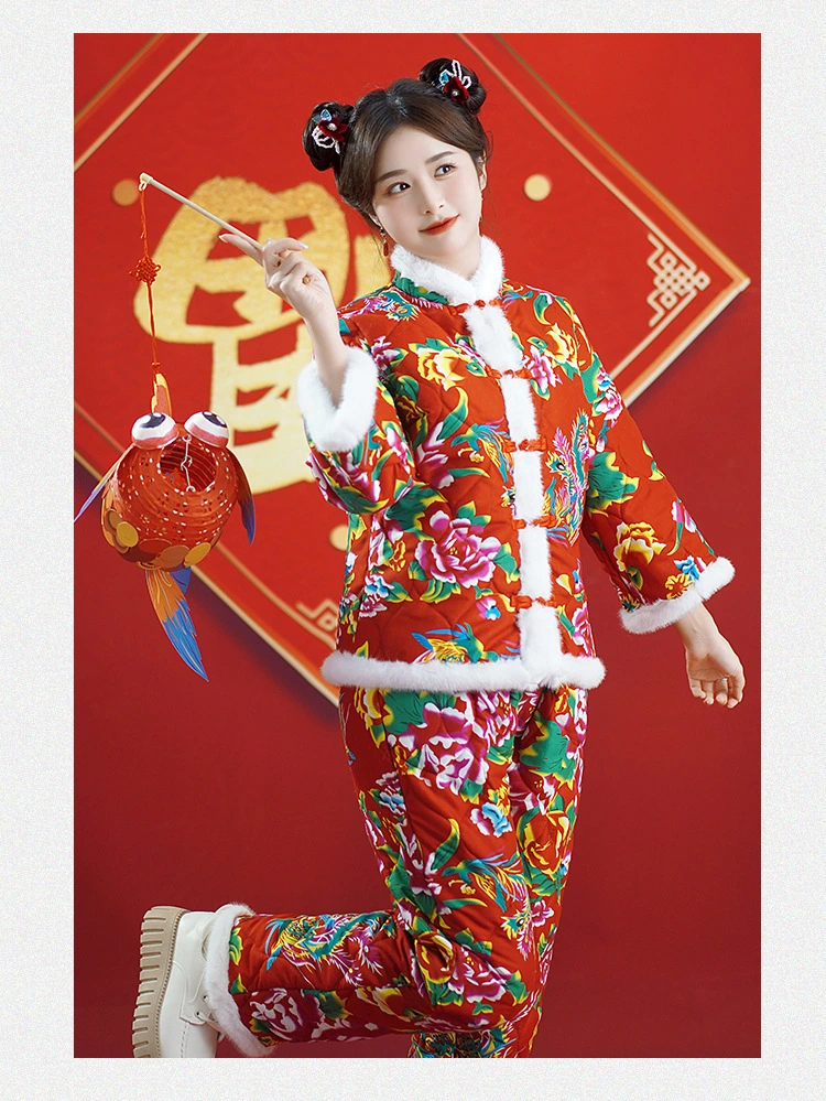 Chinese Large Flower Cotton Jacket Ethnic Style Printed Hooded Festive Cotton Suit Set Down Jackets