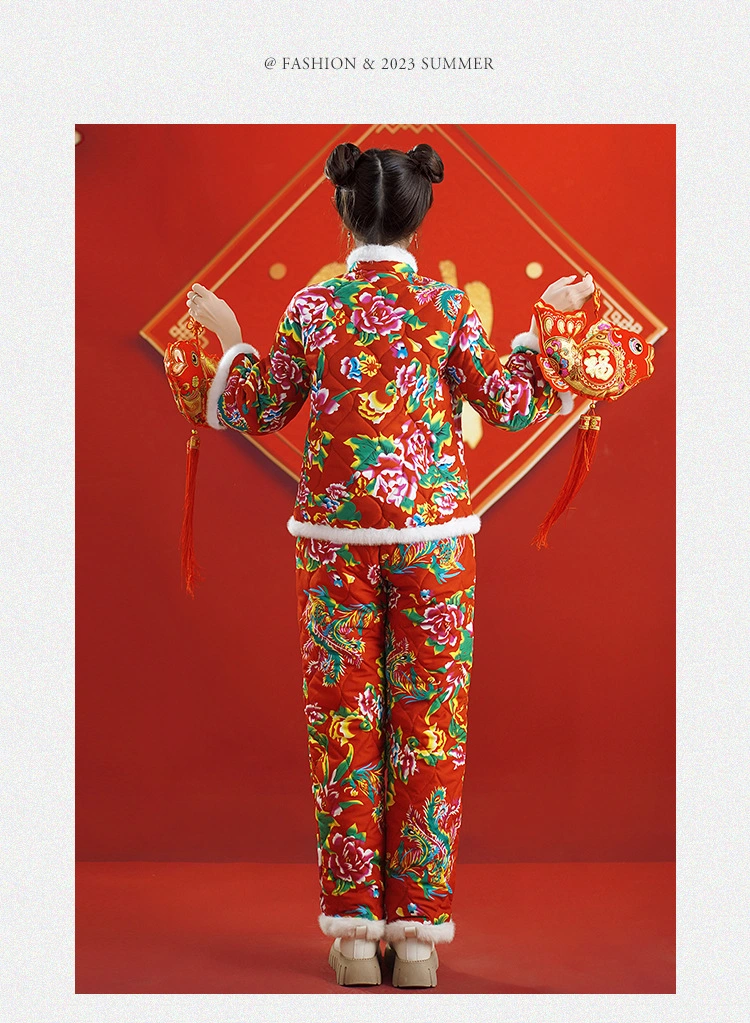 Chinese Large Flower Cotton Jacket Ethnic Style Printed Hooded Festive Cotton Suit Set Down Jackets