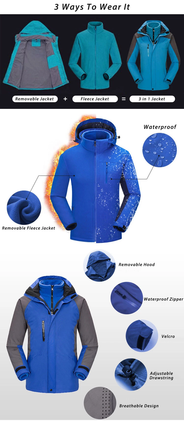 Windbreaker Thermal Coats 3 in 1 Ski Softshell Men Jackets Winter