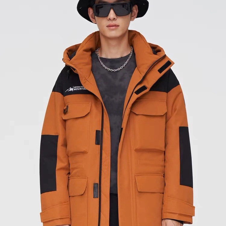 OEM Modern Winter Apparel Men Contrast Shine Oversize Down Puffer Jacket with Detachable Hood in Orange-Black for Outdoor