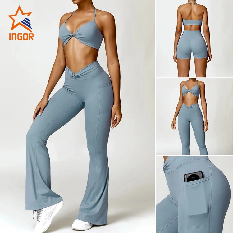 Ingorsports Factory Hot Selling 5PCS Set Sports Fitness Sweat Suits Gym Clothing for Women, Custom Logo Gym Top + Yoga Shorts + Workout Leggings Active Apparel