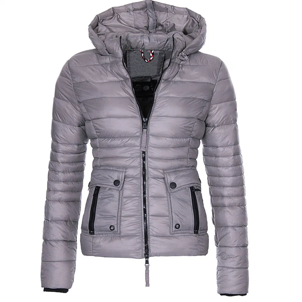 Shiny Silver Down Cotton Padded Coat Women&prime; S Winter Clothes Lady Warm Fashion Slim Fit Hooded Quilted Jacket