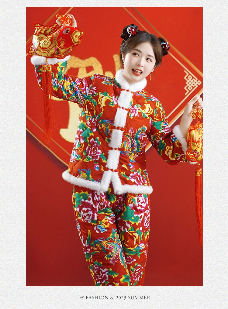 Chinese Large Flower Cotton Jacket Ethnic Style Printed Hooded Festive Cotton Suit Set Down Jackets