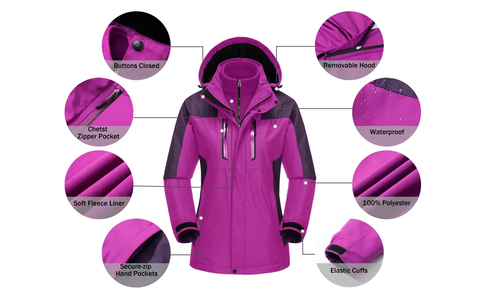 Women&prime; S 3-in-1 Winter Ski Jacket with Detachable Hood Water Resistant Fleece Lining Snowboard Rain Jacket