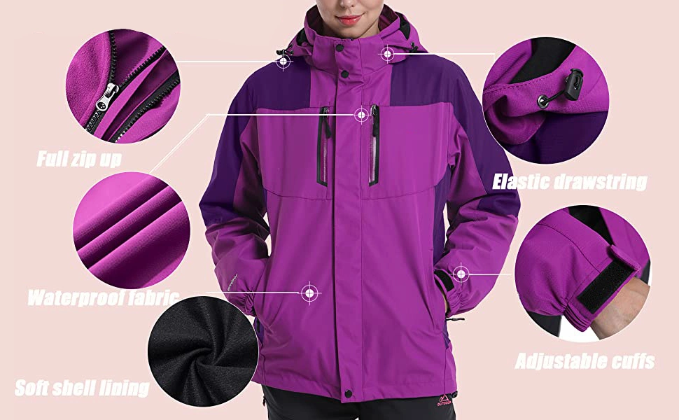 Women&prime; S 3-in-1 Winter Ski Jacket with Detachable Hood Water Resistant Fleece Lining Snowboard Rain Jacket