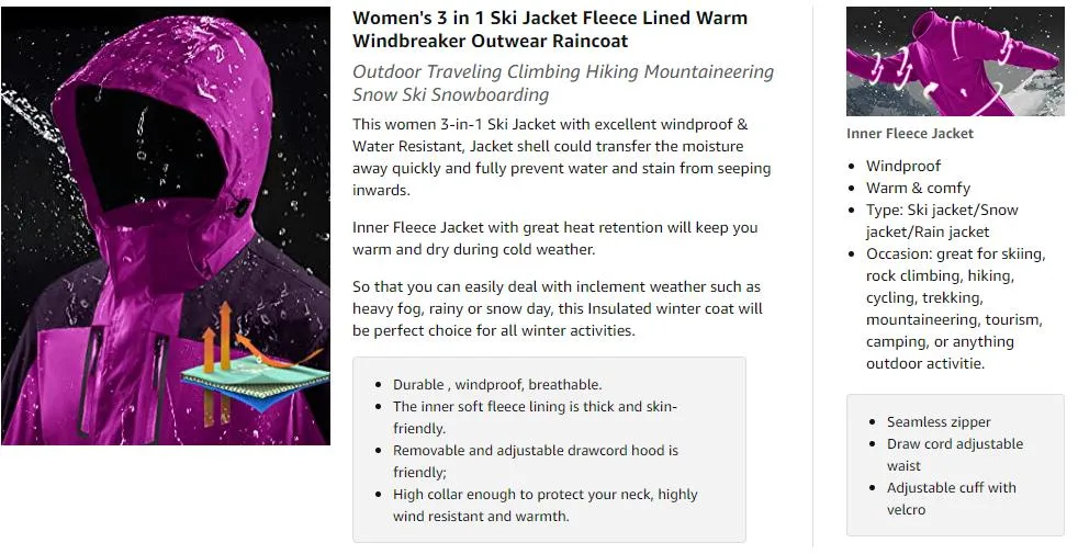 Women&prime; S 3-in-1 Winter Ski Jacket with Detachable Hood Water Resistant Fleece Lining Snowboard Rain Jacket