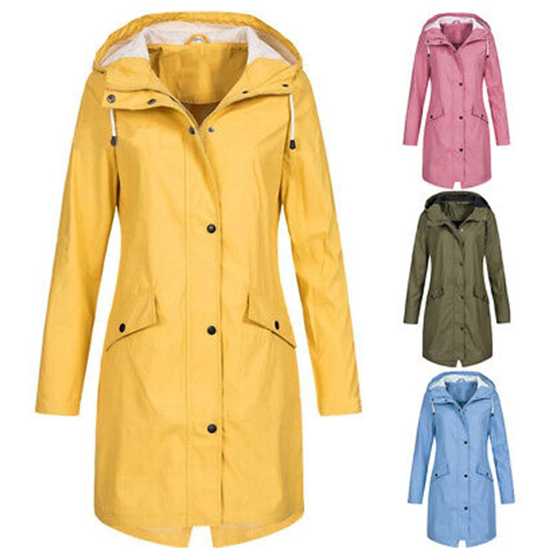 Manufacturer China Women&prime;s PU Raincoat Hooded Waterproof Windproof Rain Coat Long Rain Jacket