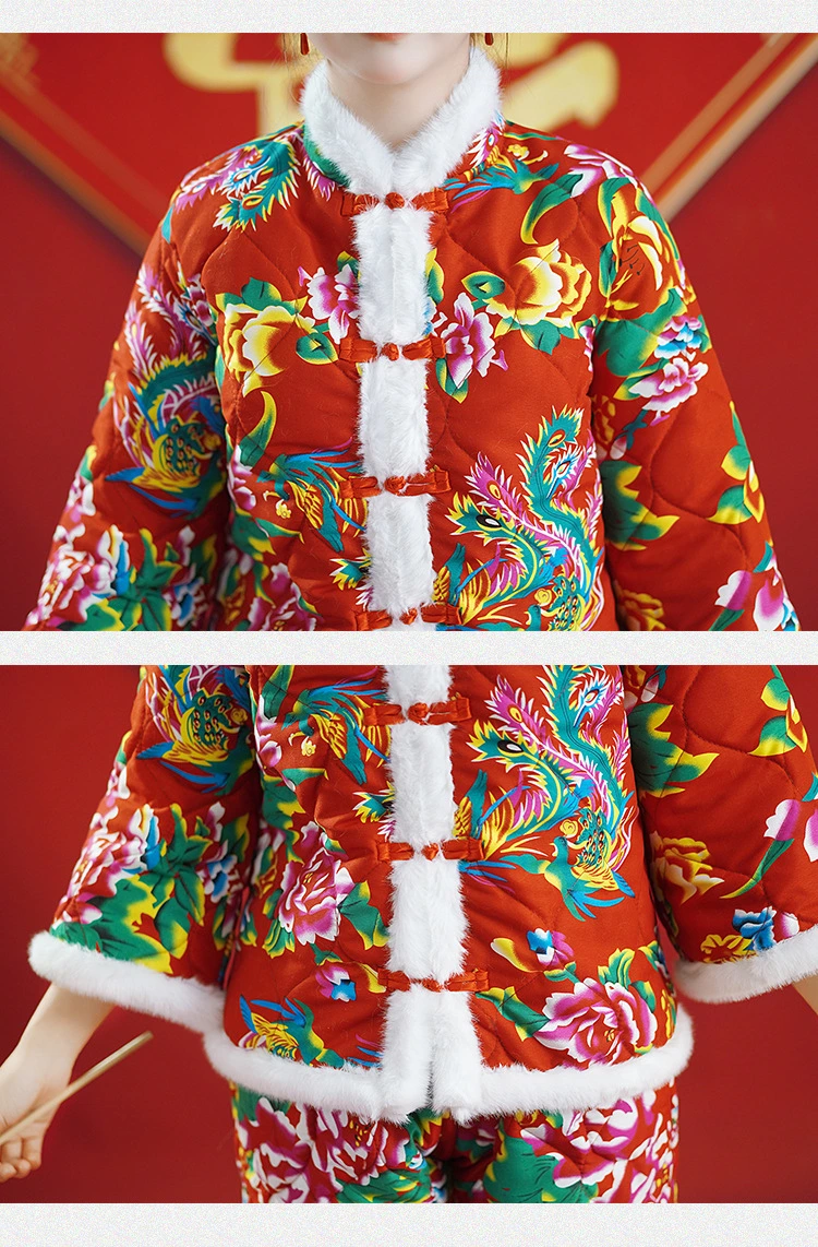 Chinese Large Flower Cotton Jacket Ethnic Style Printed Hooded Festive Cotton Suit Set Down Jackets