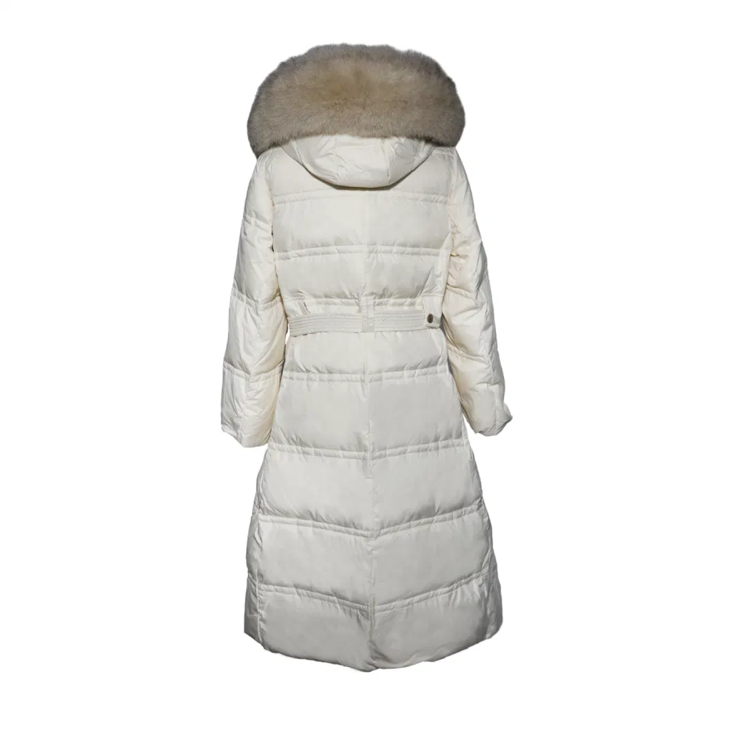 Women White Long Down Jacket with Fox Fur Hoodie