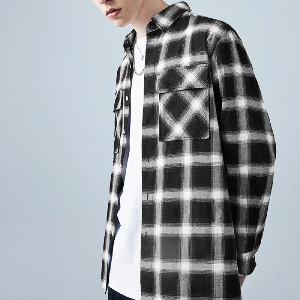Men Fashion High Quality Long Sleeve Checked Casual Custom Logo Long Sleeve Plaid Flannel Shirt Jacket with Two Pockets