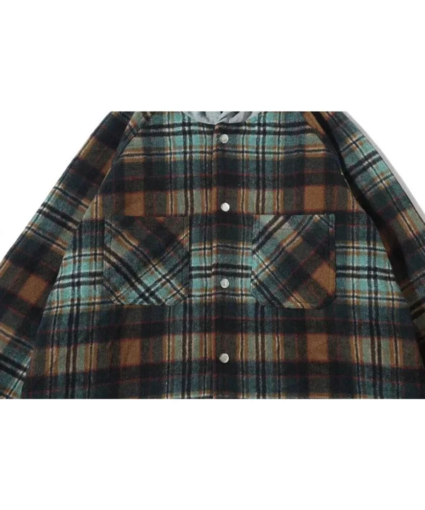 Mens Clothes Hooded Oversized Plaid Flannel Hooded Buttons Mens Casual Jackets Oversized Coat