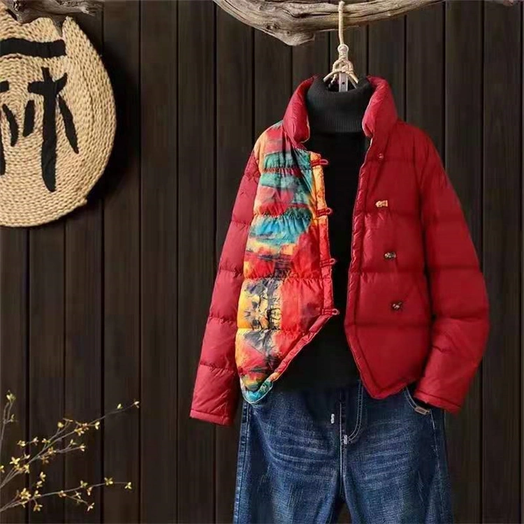 Reliable Quality Trendy White Duck Down Short Vintage Buckle Print Stand Collar Women Custom Puffer Jacket
