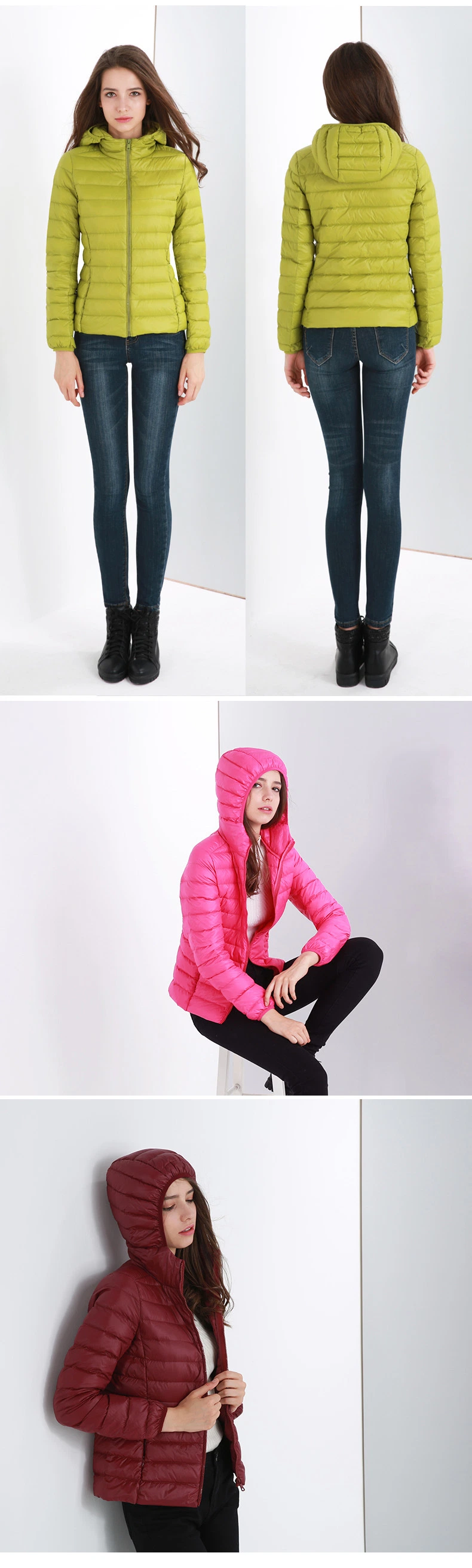 Winter Thin Super Light Short White Duck Feather Red Hooded Women Ultralight Down Jacket