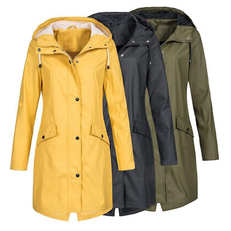 Manufacturer China Women&prime;s PU Raincoat Hooded Waterproof Windproof Rain Coat Long Rain Jacket