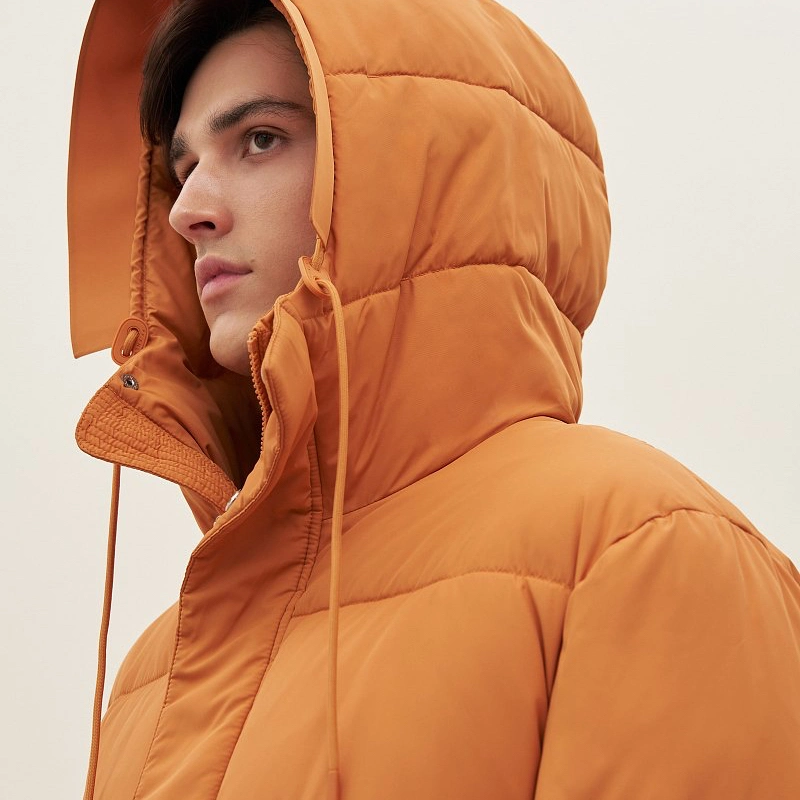 New-Style Modern Autumn-Winter Men Wind Proof Polyester Glossy Fit Longline Puffer Down Jacket with Special Pockets in Orange for Outdoor
