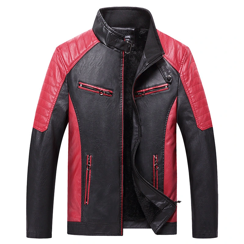 Black/Red Patchwork Motorcycle Leather Jackets Men Winter Leather Jackets Male Business Casual PU Coats