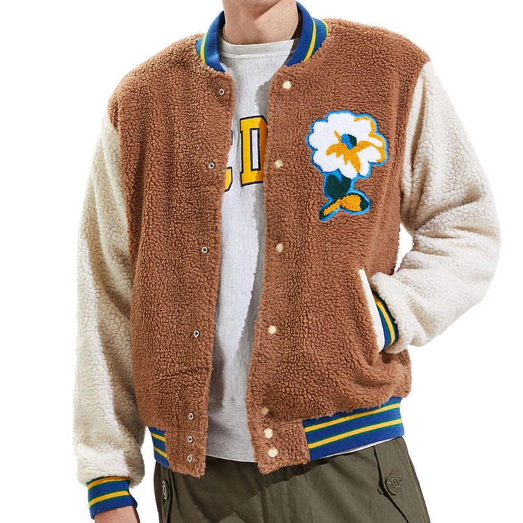 Custom New Design Fleece Jackets Floral Embroidery Patches Letterman Fluff Sherpa Jackets for Men Fashion Streetwear