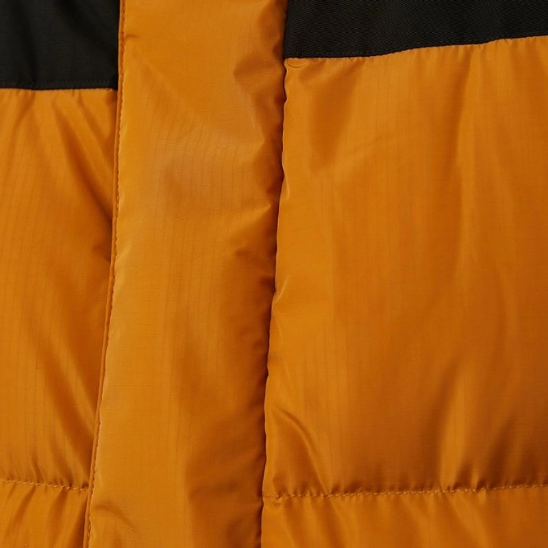 OEM Modern Winter Apparel Men Contrast Shine Oversize Down Puffer Jacket with Detachable Hood in Orange-Black for Outdoor