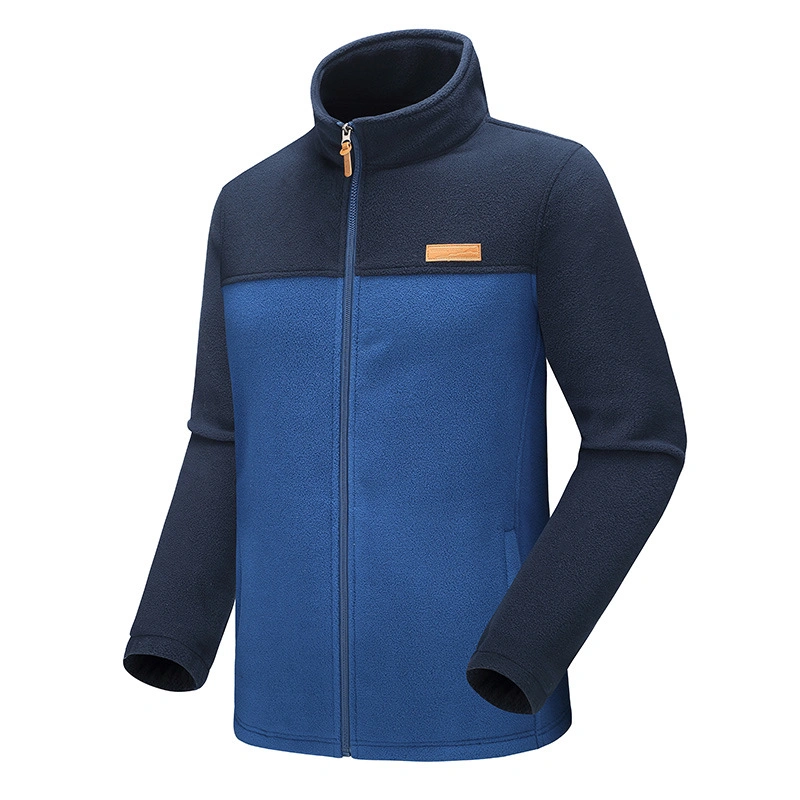 Wholesale Men&prime; S Wear Manufacturers OEM Clothing Zipper Stand Collar Polar Fleece Blue/Navy Contrast Colors Jacket with Pockets