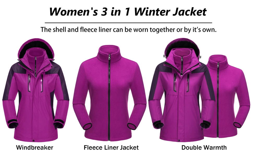 Women&prime; S 3-in-1 Winter Ski Jacket with Detachable Hood Water Resistant Fleece Lining Snowboard Rain Jacket