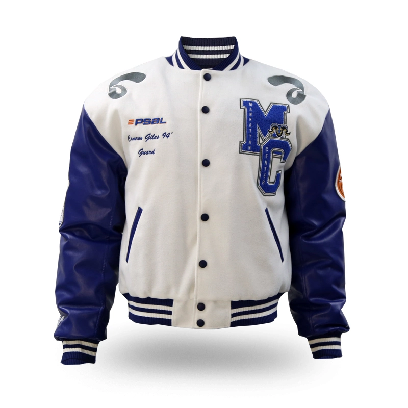 blue Leather Sleeves Cotton Fabric Baseball Jacket Young Sport Jacket Baseball