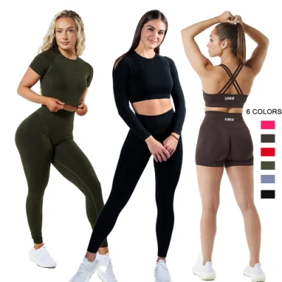 Hot Selling 5PZ Set Sport Fitness Suits Seamless Compression Gym vestiti per donna, Top personalizzato con logo + Shorts yoga + allenamenti leggings Active Apparel