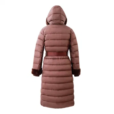 Giacca classica moda donna inverno reale giù Coat / popolare Soft Faux Giacca outerwear con cappuccio in pelliccia con bracciale a manica antivento a cintura