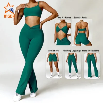 Ingorsports Factory Hot Selling SET 5PZ Sport Fitness Suits palestra Abbigliamento donna, Top palestra con logo personalizzato + Shorts yoga + allenamento Leggings Active Apparel