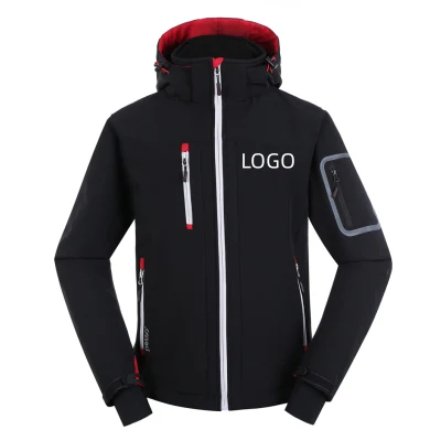  Nero personalizzato con logo ricamo impermeabile morbido guscio antivento in poliestere traspirante Softshell Fleece casual tempo libero Sport campo da sci Inverno uomini Windbreaker Giacca