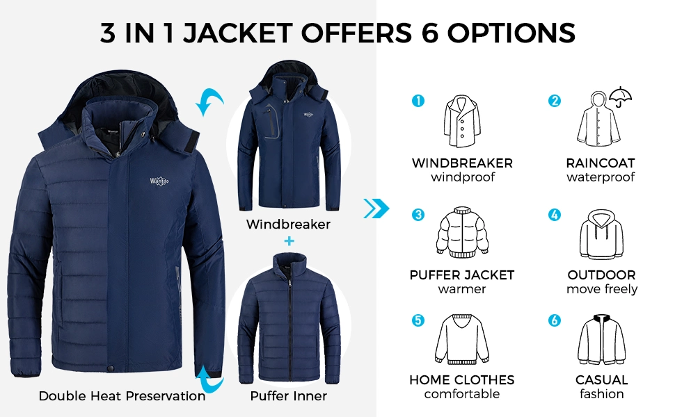 Men&prime;s 3 in 1 Waterproof Ski Jacket Warm Winter Snow Coat Puffer Rain Jacket