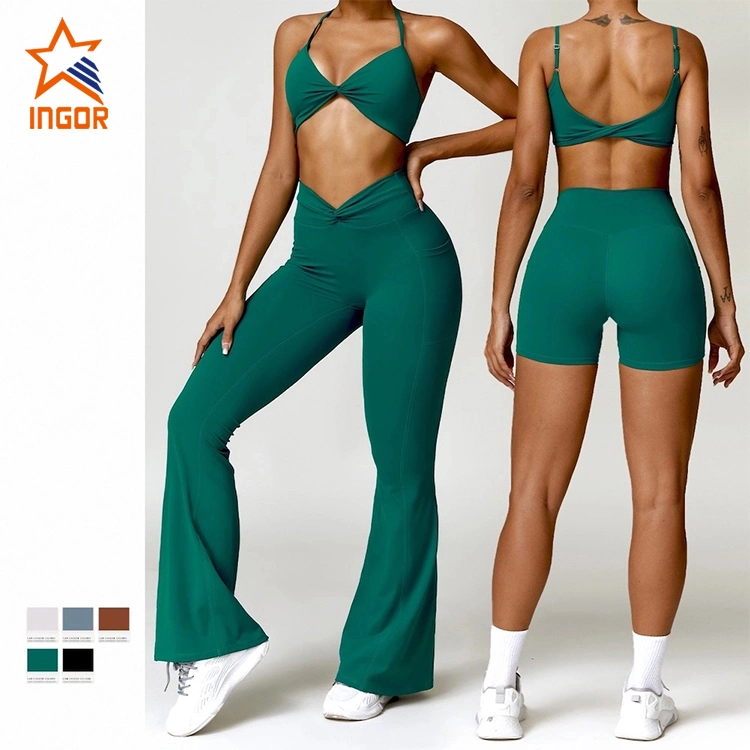 Ingorsports Factory Hot Selling 5PCS Set Sports Fitness Sweat Suits Gym Clothing for Women, Custom Logo Gym Top + Yoga Shorts + Workout Leggings Active Apparel