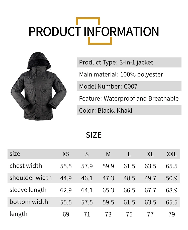 Wholesale Outdoor 3 in 1 Hard Shell Hiking Waterproof Mens Jacket