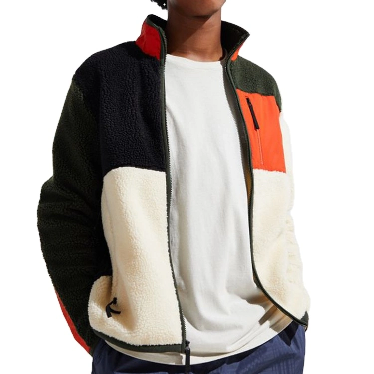 Customized Label Sweatshirts Outdoor Clothes Wholesale Polyester Color Block Sherpa Man Warm Fleece Jackets