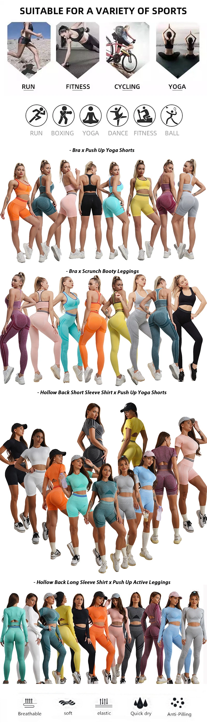 Hot Selling 5PCS Set Sports Fitness Sweat Suits Seamless Compression Gym Clothes for Women, Custom Logo Gym Top + Yoga Shorts + Workout Leggings Active Apparel