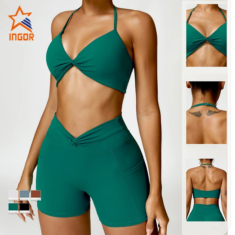 Ingorsports Factory Hot Selling 5PCS Set Sports Fitness Sweat Suits Gym Clothing for Women, Custom Logo Gym Top + Yoga Shorts + Workout Leggings Active Apparel