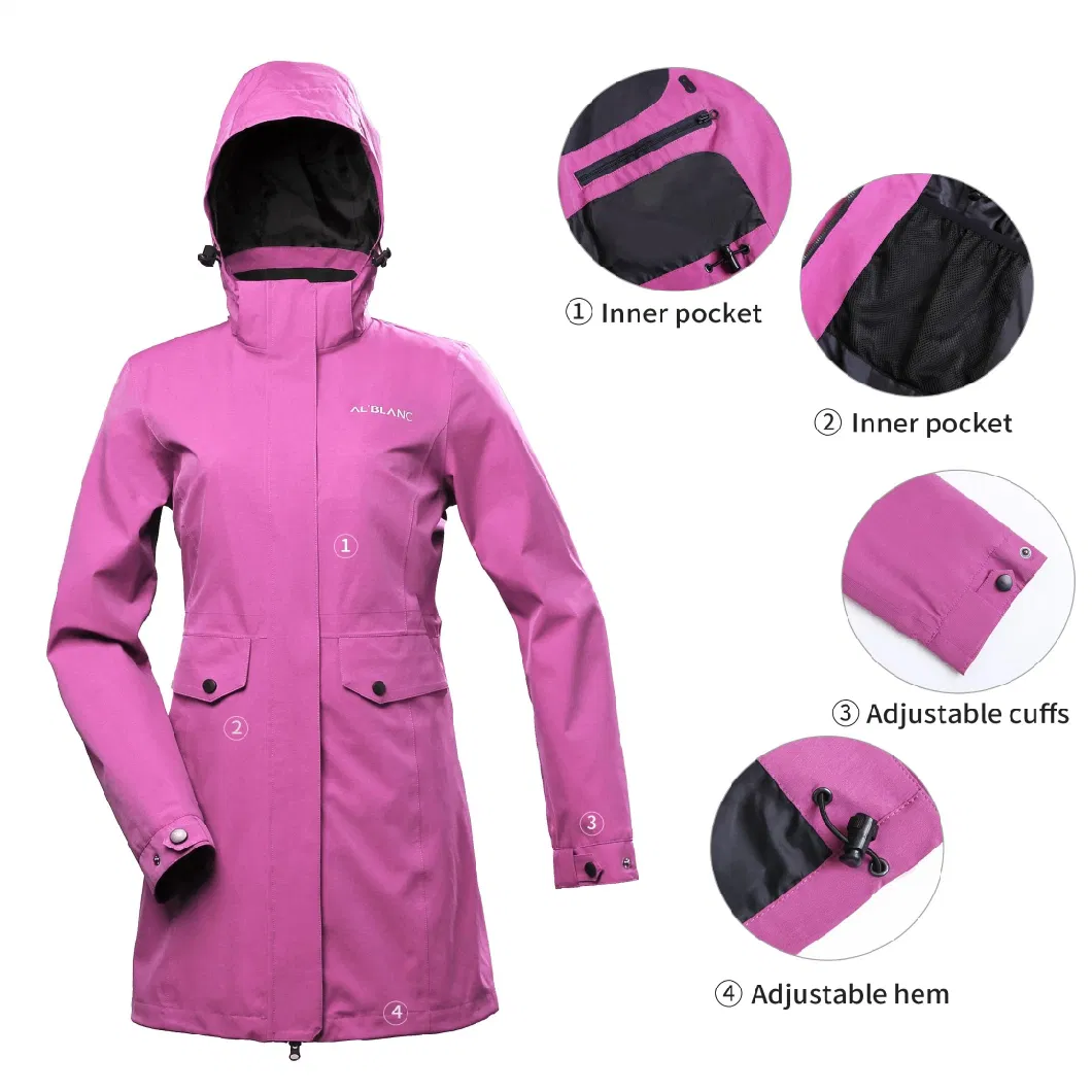 China Supplier Outdoor Clothing Women Long Style Softshell Windproof Waterproof Windbreaker Sport Rain Jacket