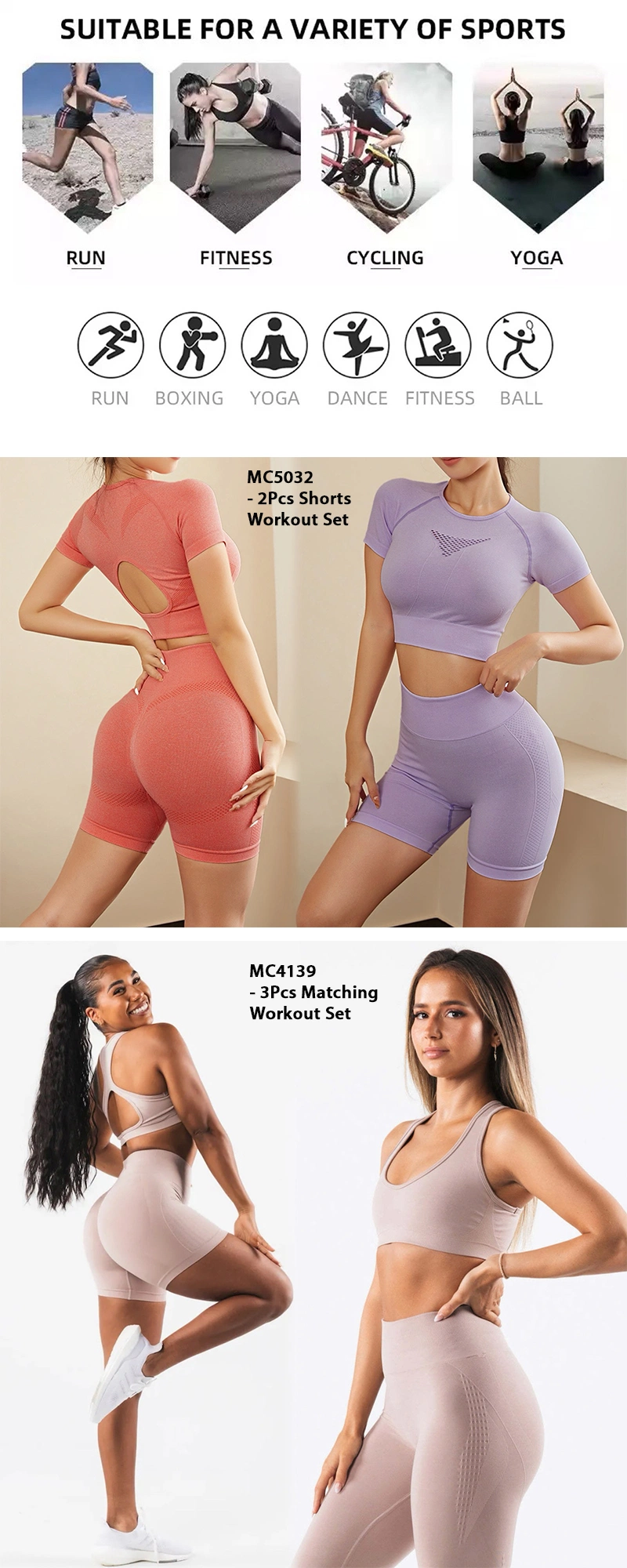 Hot Selling 5PCS Set Sports Fitness Sweat Suits Seamless Compression Gym Clothes for Women, Custom Logo Gym Top + Yoga Shorts + Workout Leggings Active Apparel