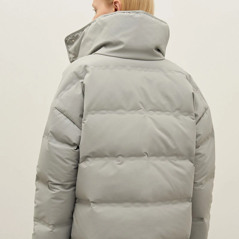 New-Style Minimalist Autumn-Winter Women Waterproof Nylon Matte Seamles Bomber Puffer Down Jacket with Snaps in Grey for Office