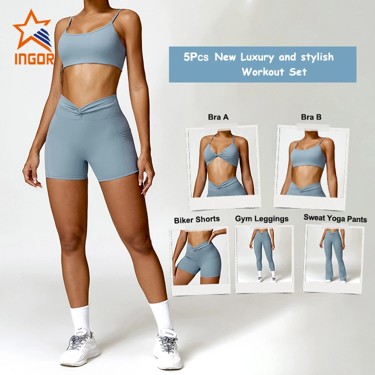 Ingorsports Factory Hot Selling 5PCS Set Sports Fitness Sweat Suits Gym Clothing for Women, Custom Logo Gym Top + Yoga Shorts + Workout Leggings Active Apparel