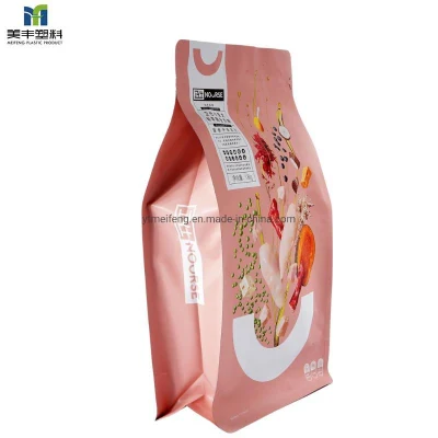  Bolsa de plástico para alimentos con cierre de cremallera para perros y gatos, con fondo plano, hecha de papel de aluminio personalizado y PET metalizado.