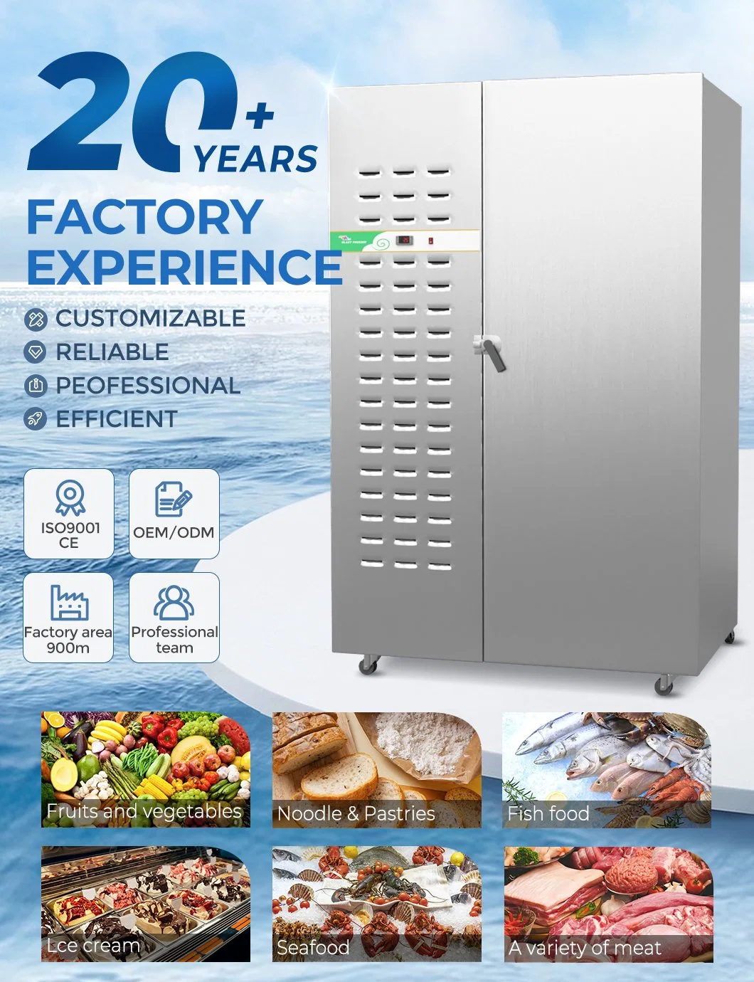 -40/-30 Commercial 830 Ultra Low Temperature Instant Flash Freezer Machine Fast Quick Shock Air Blast Frozen Chiller Freezer for Fish Meat Cheese Pizza