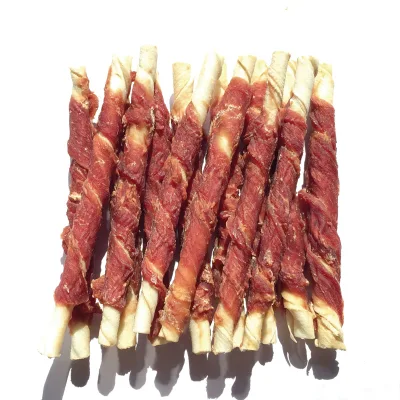  Hot-Selling 5&quot; sbiancato bastoncini di rawhide anatra carne involata Cicini Per cuccioli e piccoli cani