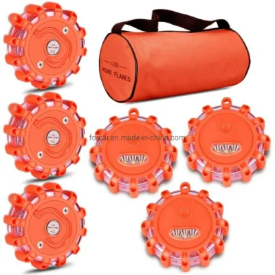  High Quality 6 Packing Emergency Lamps Road Side Traffic Disc Flare 9 Mode Flashing Strobe Caution Signal Lamp Portable LED Warning Beacon Light