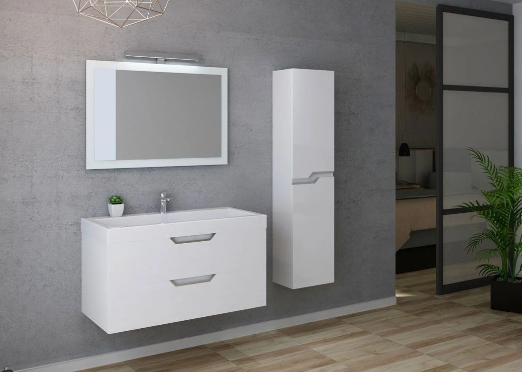 White Wall Hung Bathroom Cabinet 100cm Bathroom Furniture Set with One Washbasin