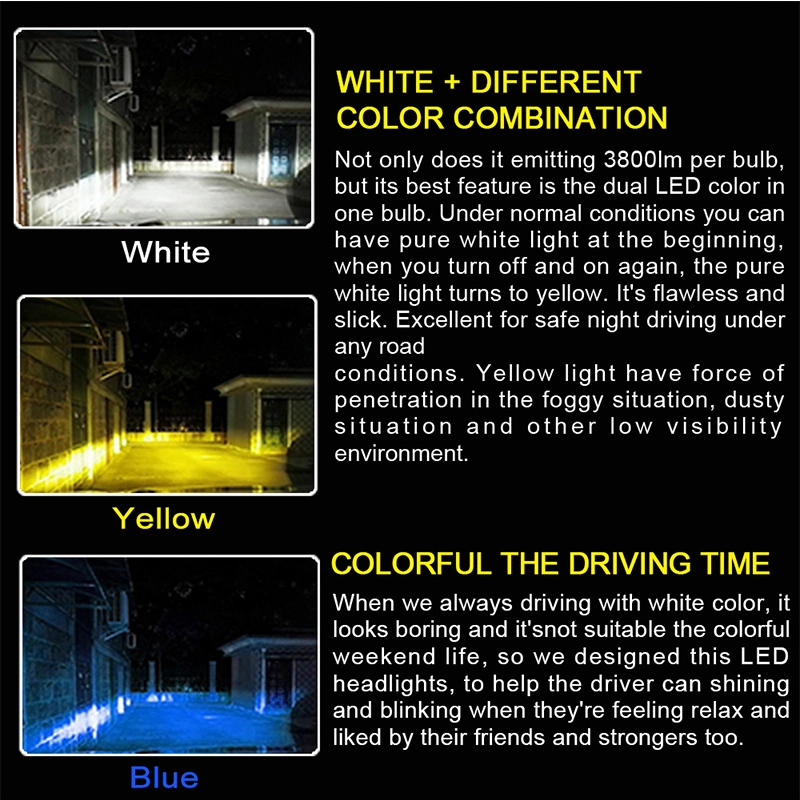 Car Tricolor 3 Color LED Headlight H1 H4 H7 H11 Hb3 Hb4 72W 7200lm 3000K 6000K 8000K Tricolor LED Headlight