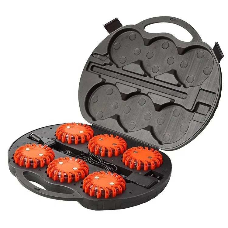 6 Pack Battery Rotating Flashing Warning Traffic Flare Portable 12+3LED Roadside Emergency Flashing Disc Strobe 9 Mode Safety Caution Beacon Light