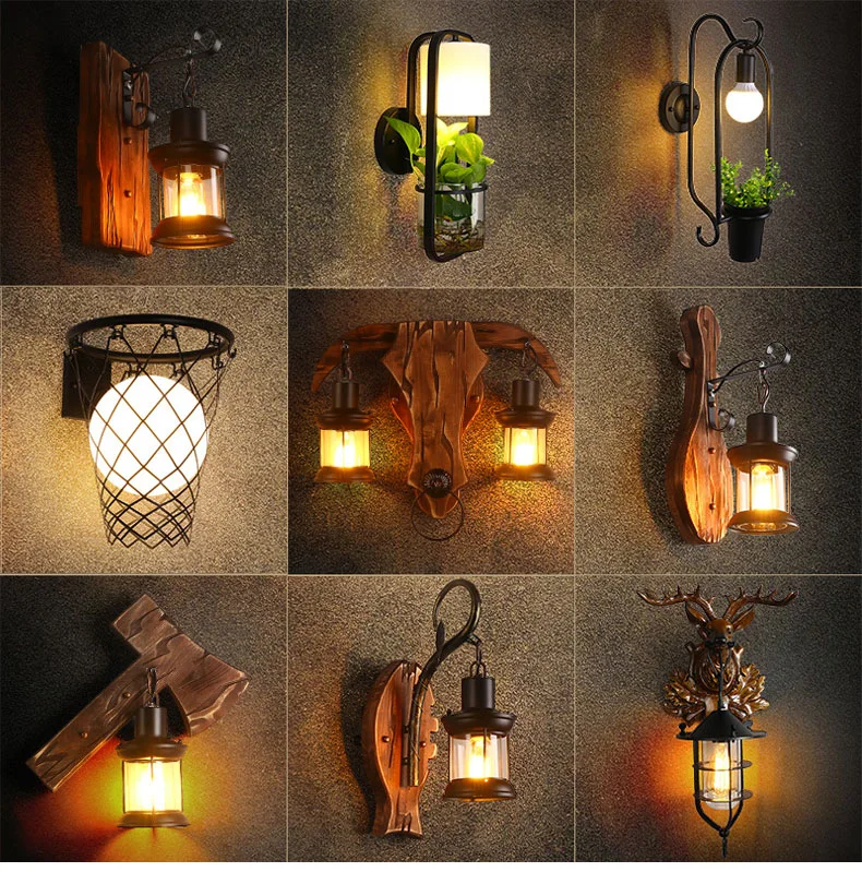 Industrial Loft Design Creative Cafe Restaurant Bar Bedside Iron Wooden LED Wall Lamp (WH-VR-21)